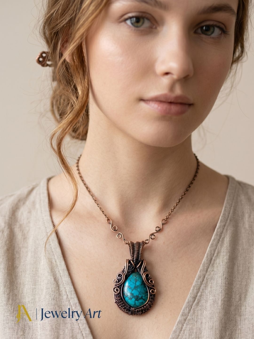 Turquoise gemstone pendant copper tone handcrafted wire wrapped jewelry
