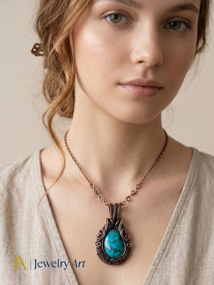 Turquoise gemstone pendant copper tone handcrafted wire wrapped jewelry
