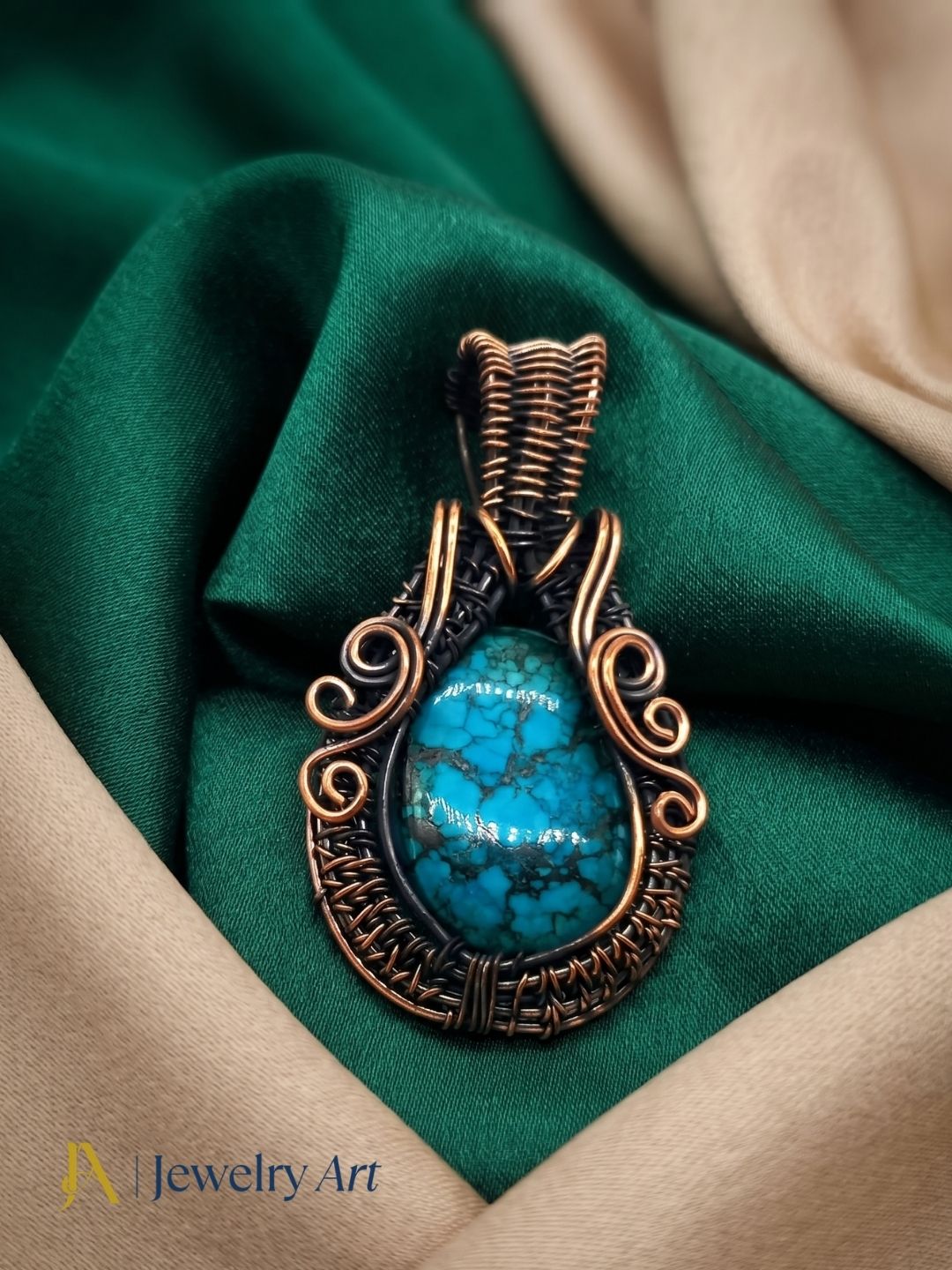 Artistic Handcrafted Copper Oxidized Turquoise Gem Stone Wire Wrapped Charming Designer Pendant