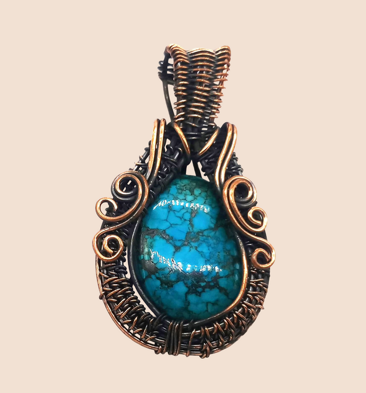 Artistic Handcrafted Copper Oxidized Turquoise Gem Stone Wire Wrapped Charming Designer Pendant