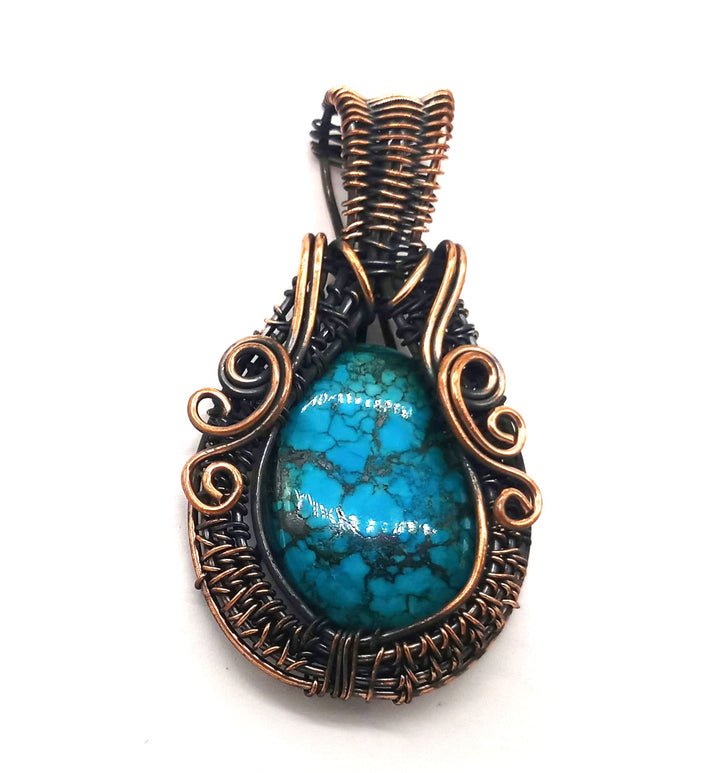 Artistic Handcrafted Copper Oxidized Turquoise Gem Stone Wire Wrapped Charming Designer Pendant
