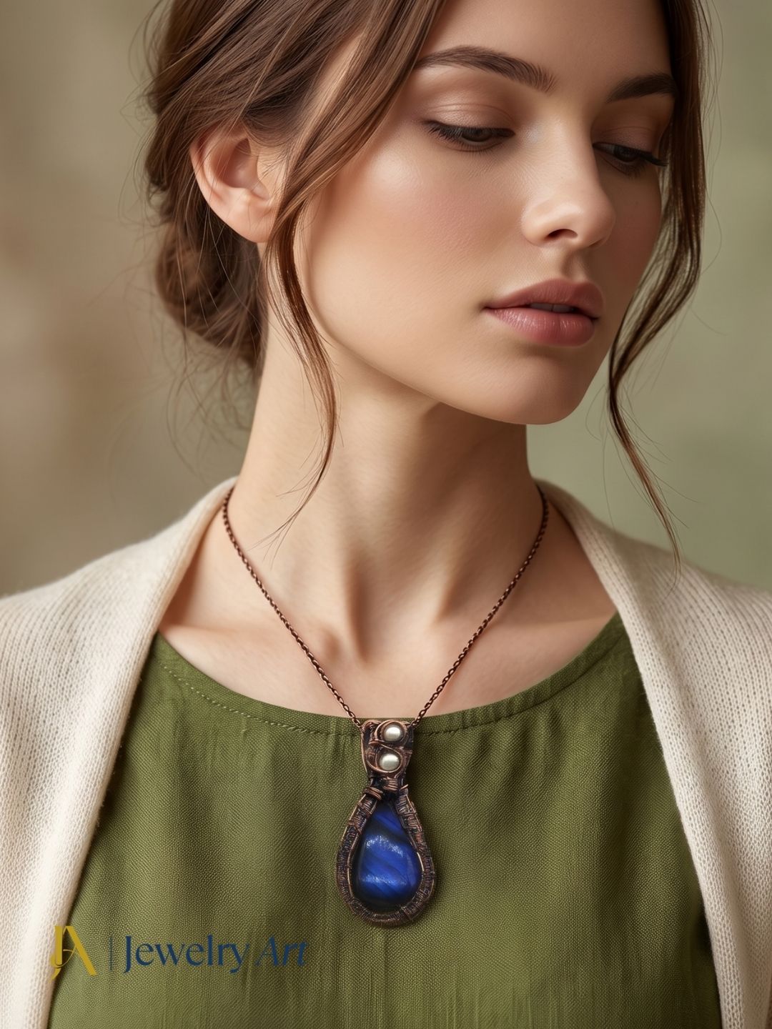 Designer wire wrapped pendant with labradorite glowing gemstone finish
