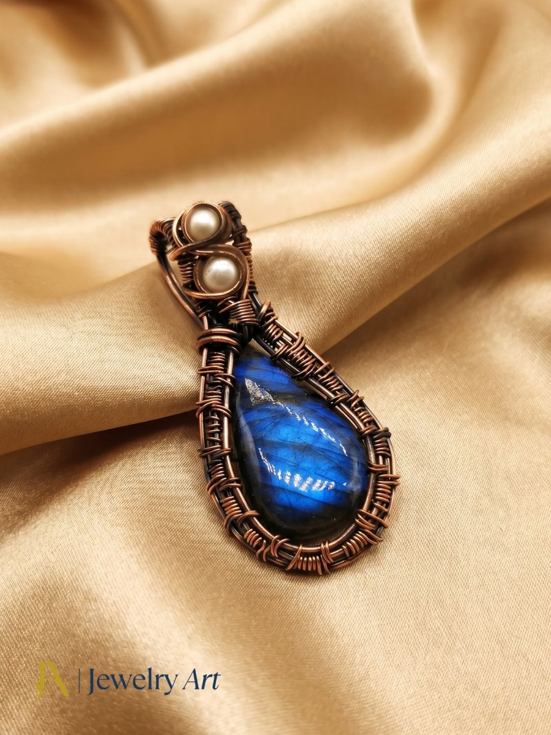 Artistic Handcrafted Copper Oxidized Labradorite Gem Stone Wire Wrapped Charming Designer Pendant