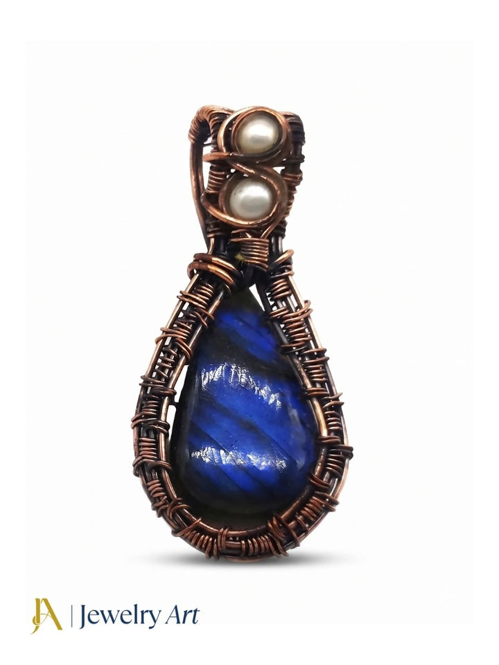 Artistic Handcrafted Copper Oxidized Labradorite Gem Stone Wire Wrapped Charming Designer Pendant