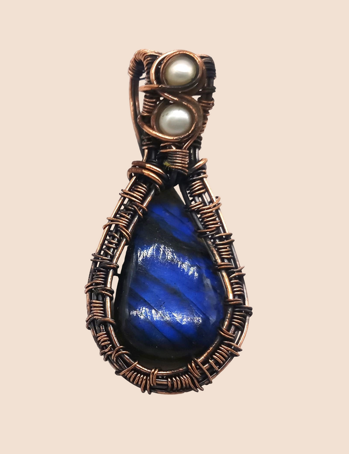 Artistic Handcrafted Copper Oxidized Labradorite Gem Stone Wire Wrapped Charming Designer Pendant