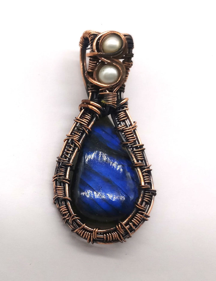 Artistic Handcrafted Copper Oxidized Labradorite Gem Stone Wire Wrapped Charming Designer Pendant