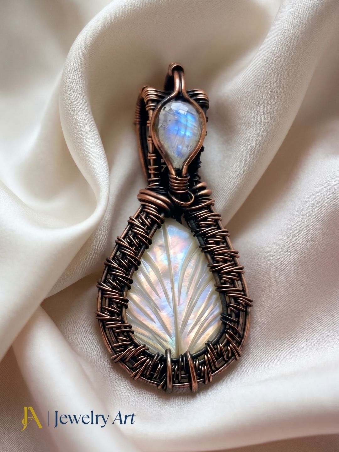 Artistic Handcrafted Copper Oxidized MOP Carving Gem Stone Wire Wrapped Charming Designer Pendant