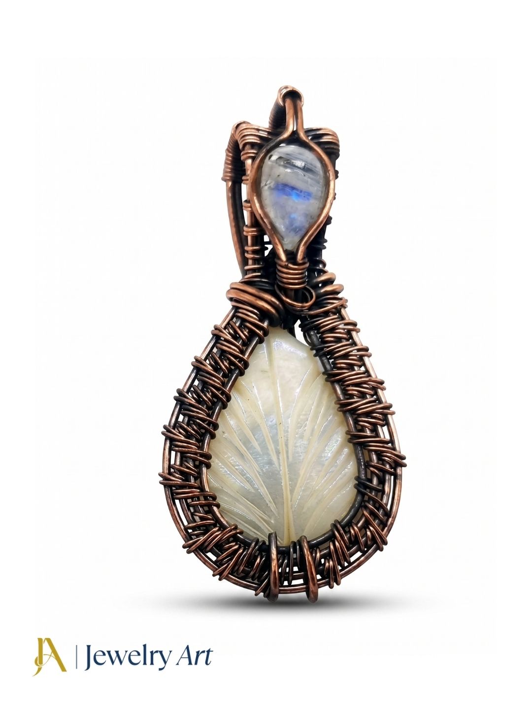 Artistic Handcrafted Copper Oxidized MOP Carving Gem Stone Wire Wrapped Charming Designer Pendant