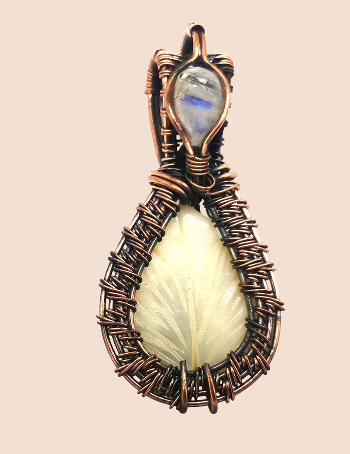 Artistic Handcrafted Copper Oxidized MOP Carving Gem Stone Wire Wrapped Charming Designer Pendant