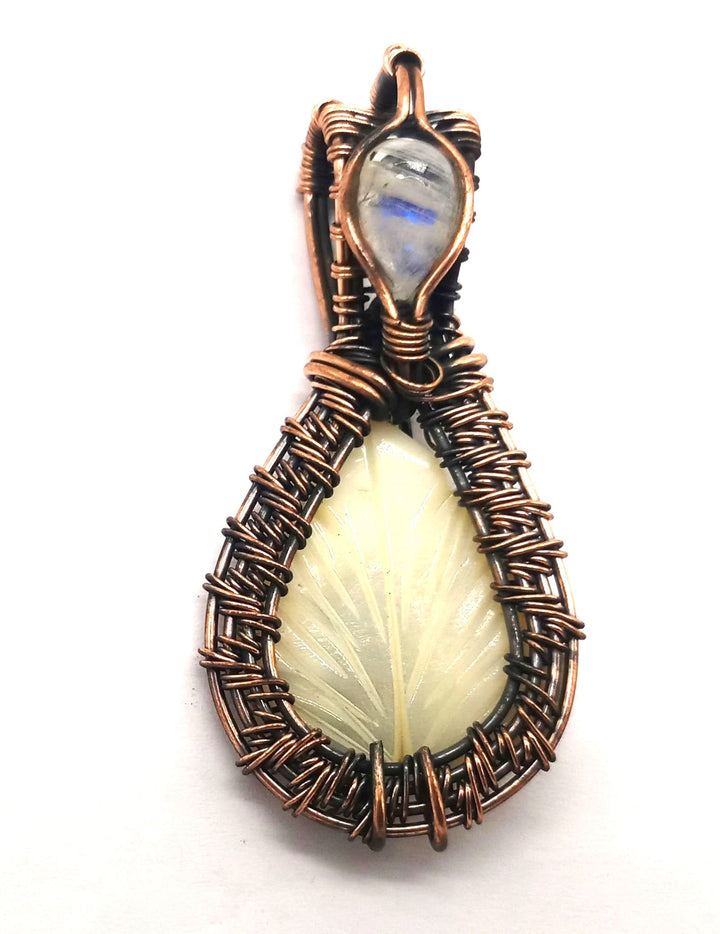 Artistic Handcrafted Copper Oxidized MOP Carving Gem Stone Wire Wrapped Charming Designer Pendant