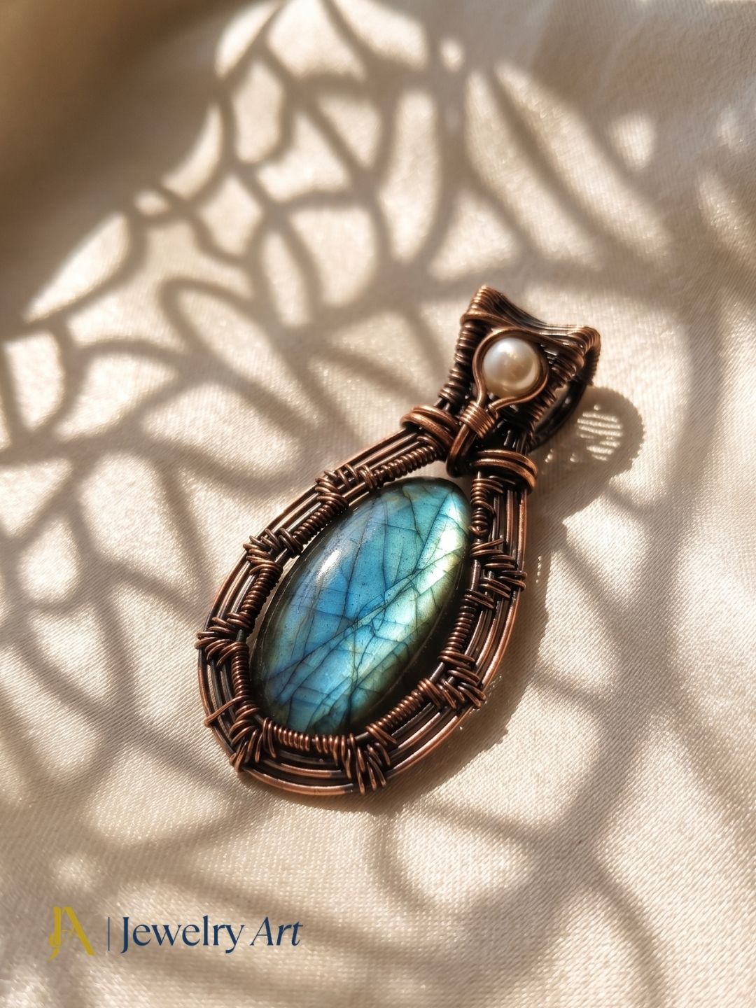 Artistic Handcrafted Copper Oxidized Labradorite Gem Stone Wire Wrapped Charming Designer Pendant