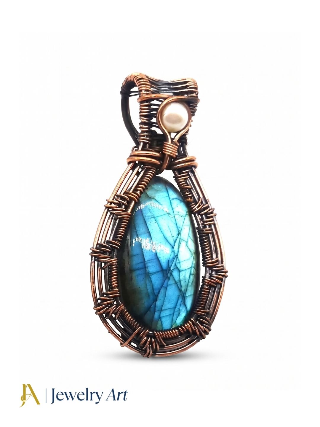 Artistic Handcrafted Copper Oxidized Labradorite Gem Stone Wire Wrapped Charming Designer Pendant