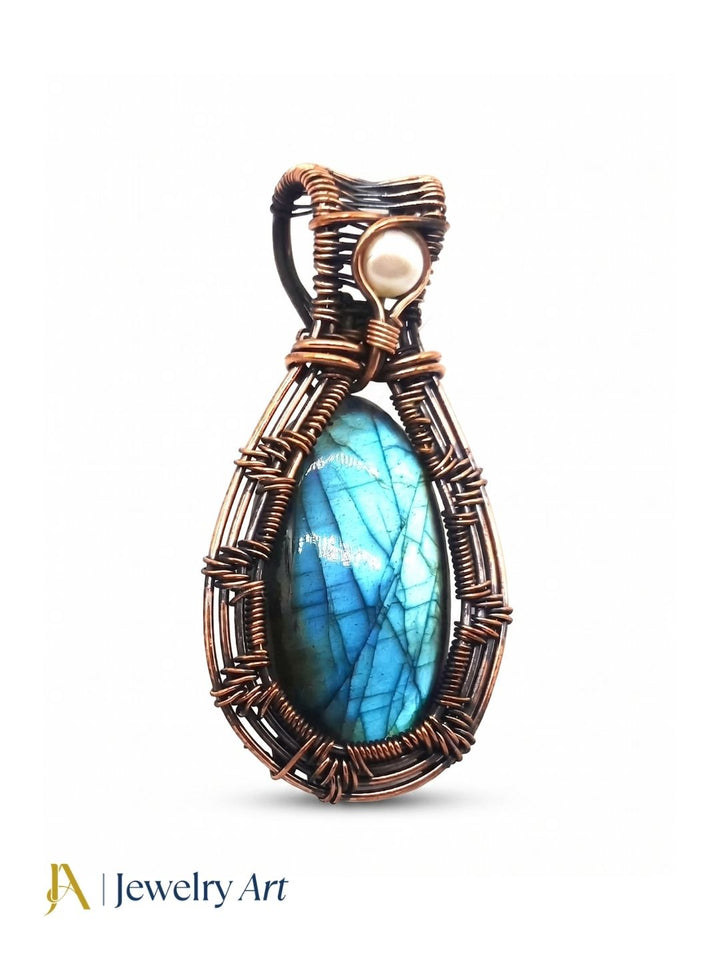 Artistic Handcrafted Copper Oxidized Labradorite Gem Stone Wire Wrapped Charming Designer Pendant