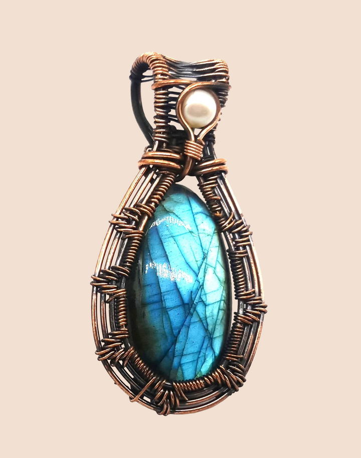 Artistic Handcrafted Copper Oxidized Labradorite Gem Stone Wire Wrapped Charming Designer Pendant