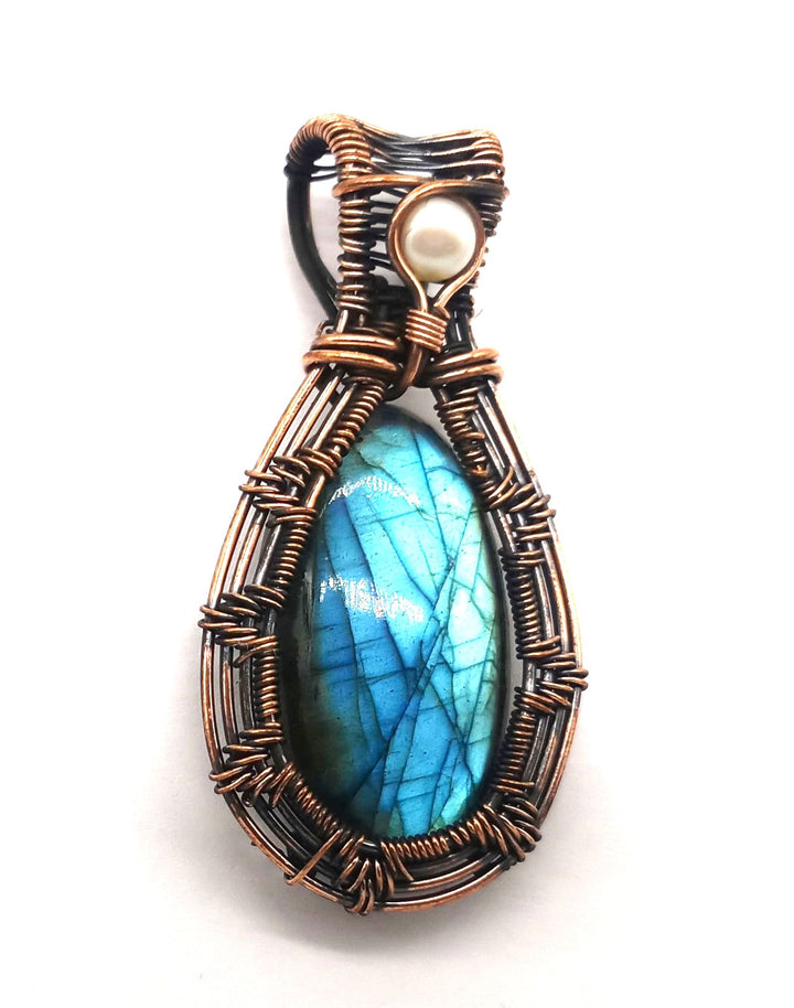 Artistic Handcrafted Copper Oxidized Labradorite Gem Stone Wire Wrapped Charming Designer Pendant