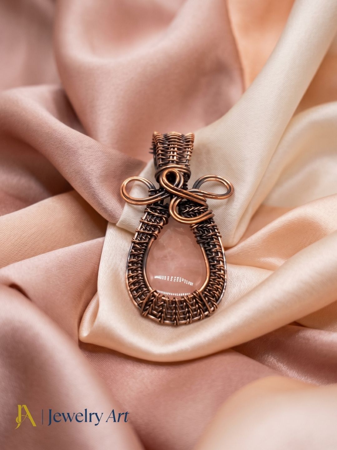 Artistic Handcrafted Copper Oxidized Rose Quartz Gem Stone Wire Wrapped Charming Designer Pendant