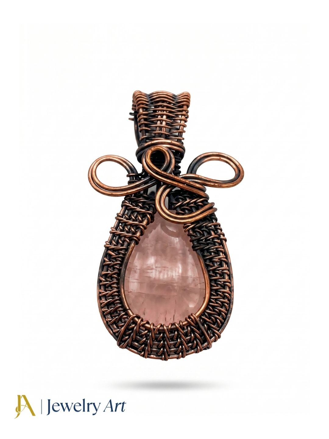 Artistic Handcrafted Copper Oxidized Rose Quartz Gem Stone Wire Wrapped Charming Designer Pendant