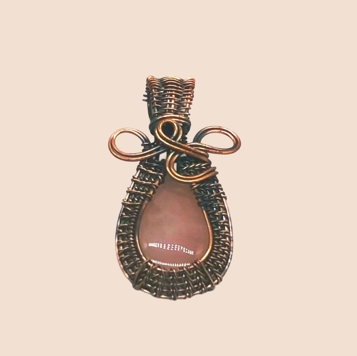 Artistic Handcrafted Copper Oxidized Rose Quartz Gem Stone Wire Wrapped Charming Designer Pendant