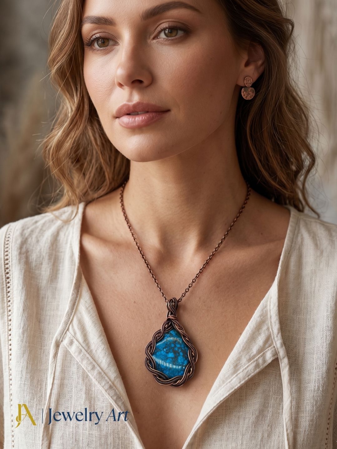 Artistic Handcrafted Copper Oxidized Turquoise Gem Stone Wire Wrapped Charming Designer Pendant