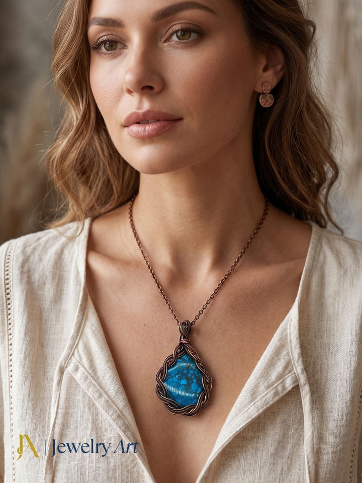 Artistic Handcrafted Copper Oxidized Turquoise Gem Stone Wire Wrapped Charming Designer Pendant