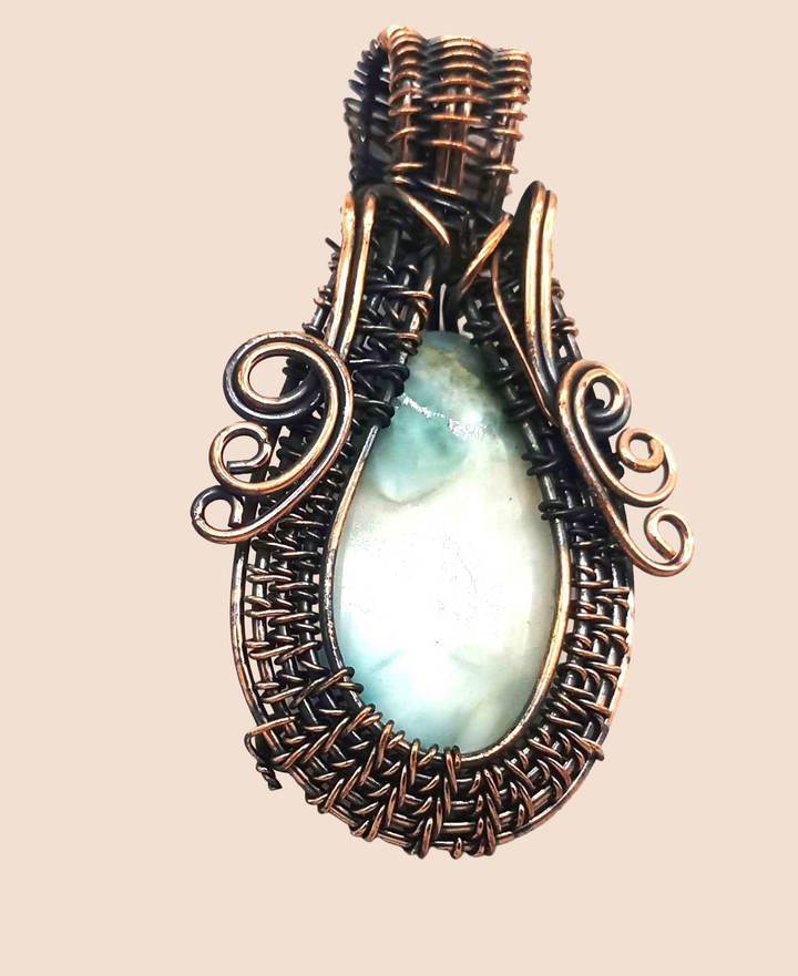 Artistic Handcrafted Copper Oxidized Larimar Gem Stone Wire Wrapped Charming Designer Pendant