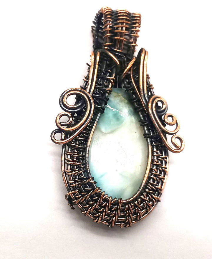 Artistic Handcrafted Copper Oxidized Larimar Gem Stone Wire Wrapped Charming Designer Pendant