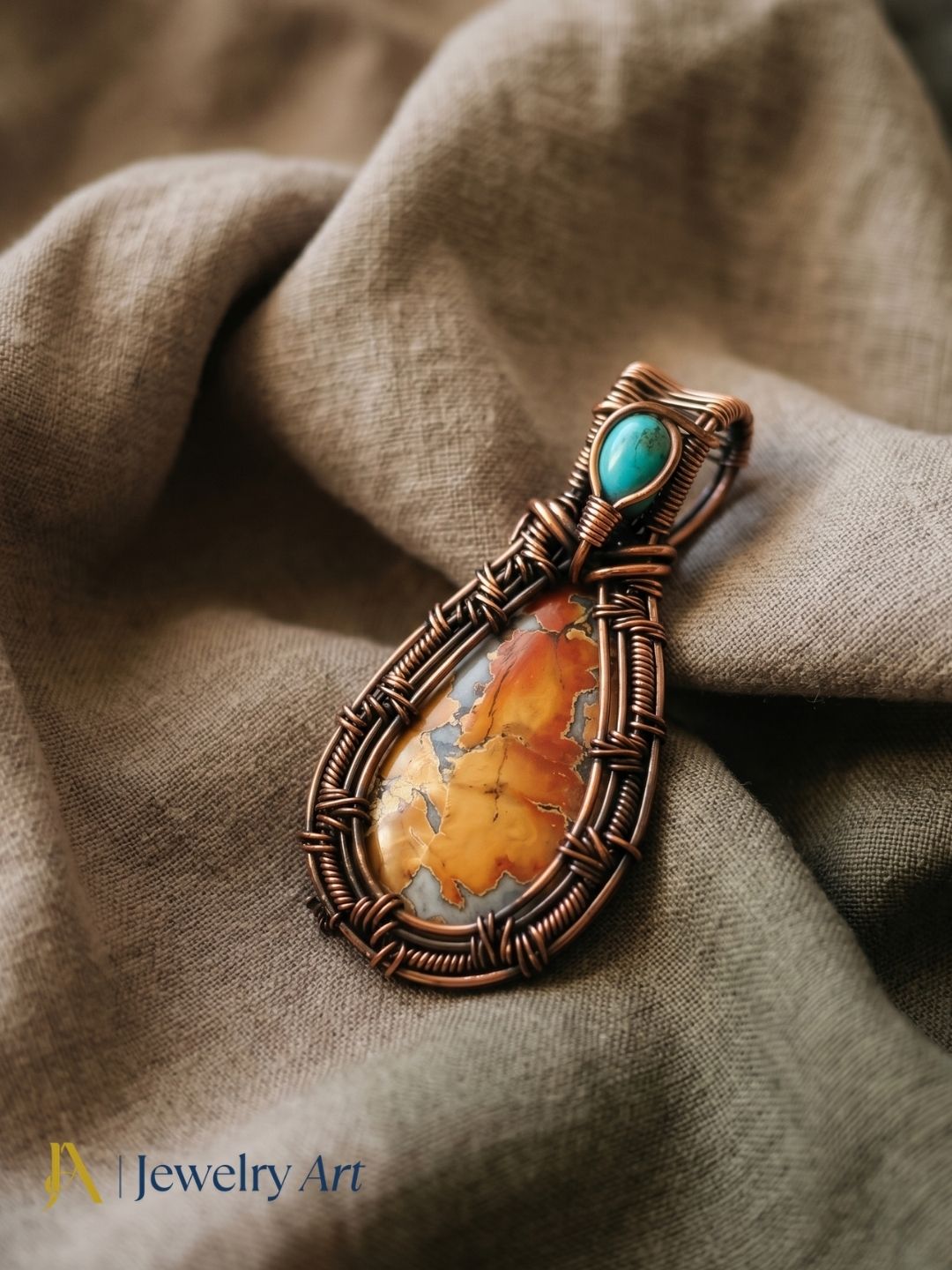 Artistic Handcrafted Copper Oxidized Maligano Jasper Gem Stone Wire Wrapped Charming Designer Pendant