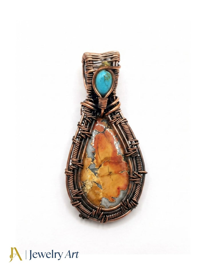 Artistic Handcrafted Copper Oxidized Maligano Jasper Gem Stone Wire Wrapped Charming Designer Pendant