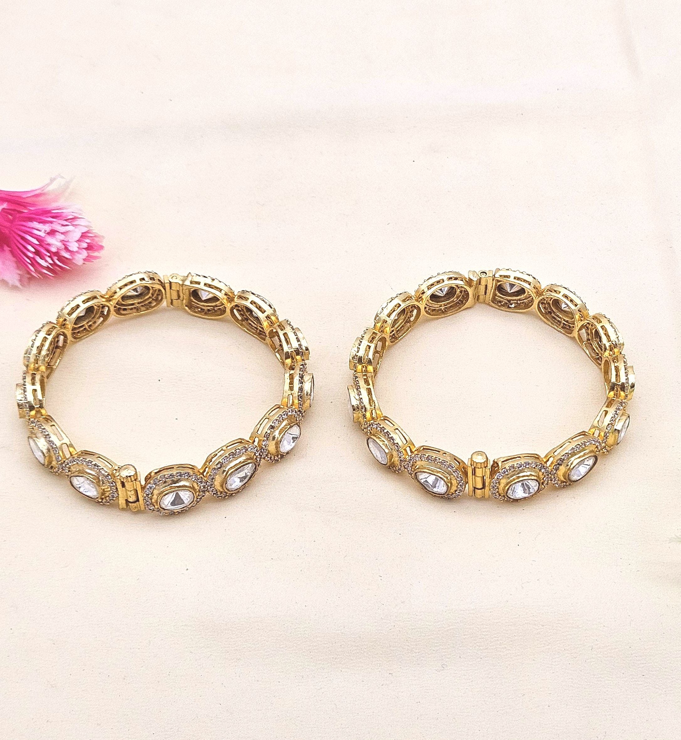 Awesome Set of 2 Gold plated Ad-Kundan Polky Screw Closure Bangle/ Kada / Festive Bangles for women & Girls