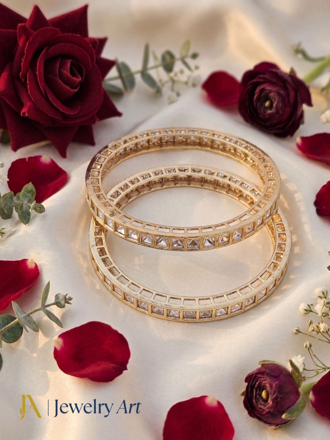 Handsome Set of 2 Gold plated Kundan Glass Polky Bangle/ Kada / Festive Bangles for women & Girls