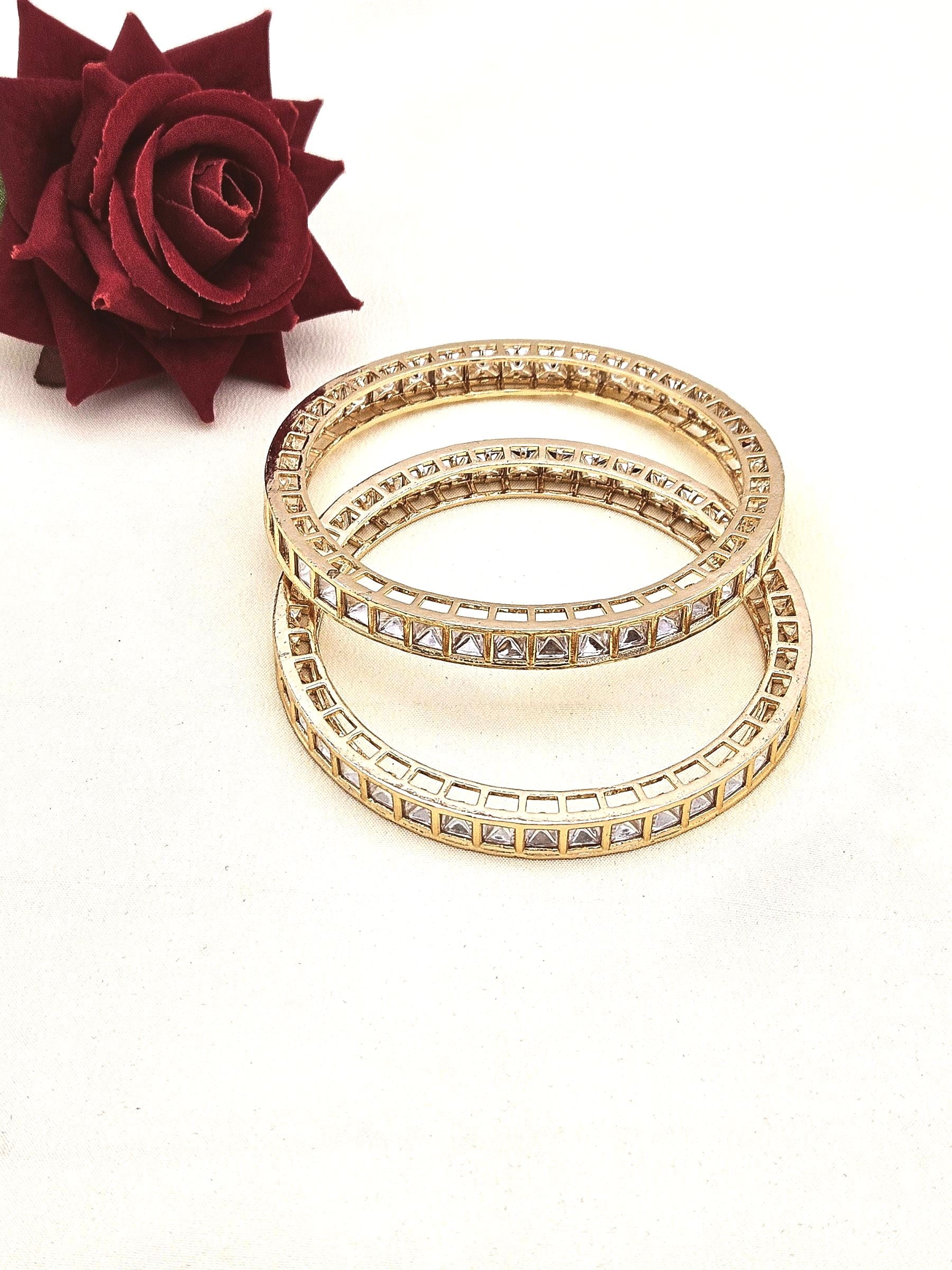 Handsome Set of 2 Gold plated Kundan Glass Polky Bangle/ Kada / Festive Bangles for women & Girls