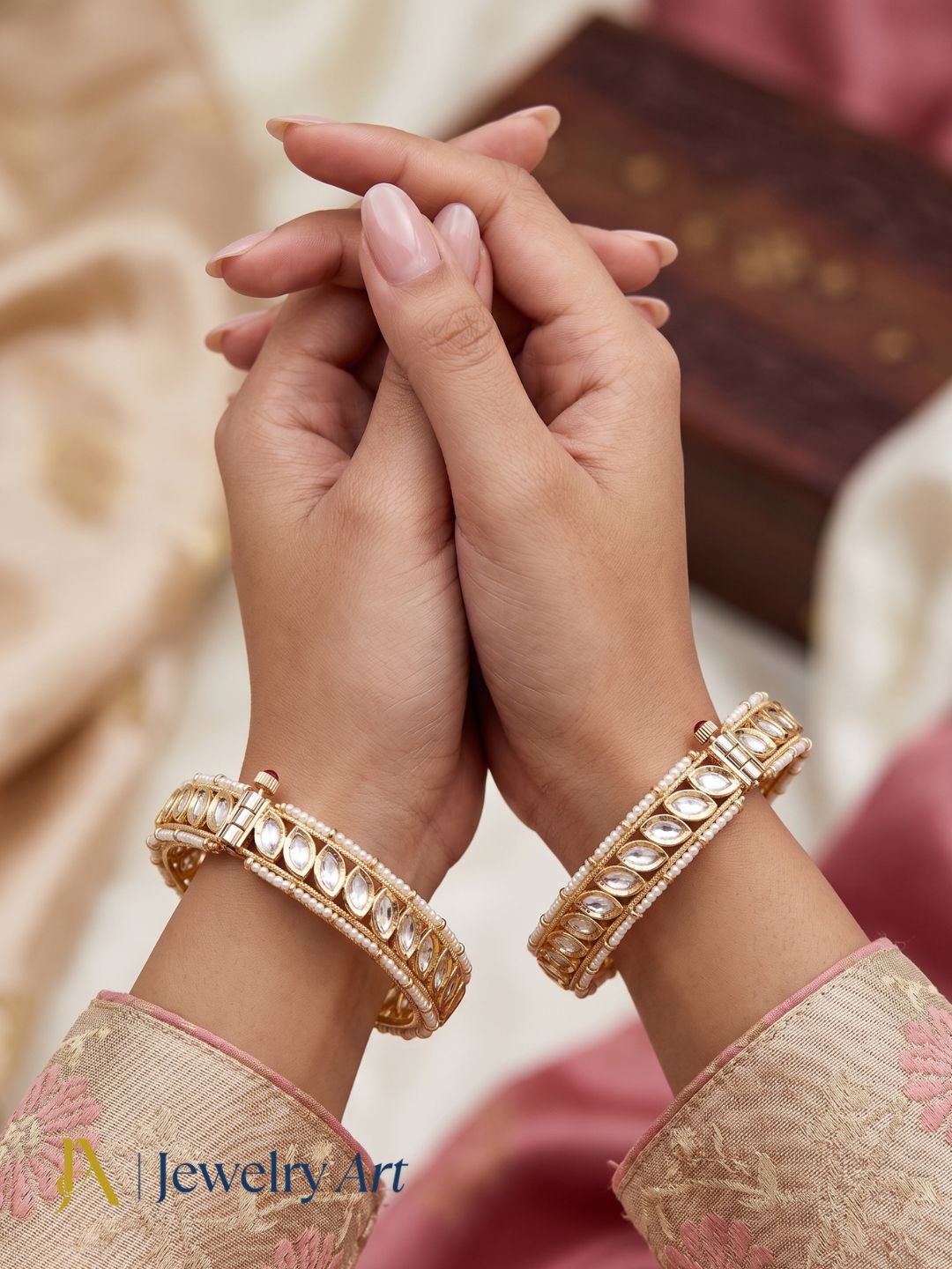 handcrafted style gold tone bangles marquise kundan polky pearl design
