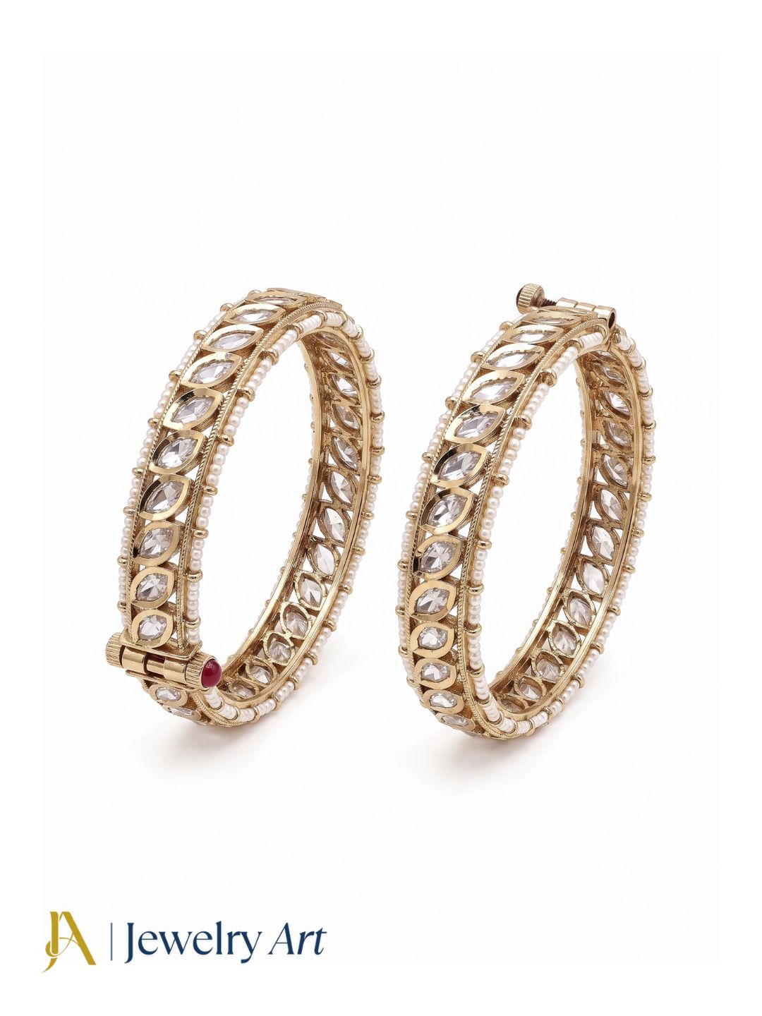Gorgeous Set of 2 Gold plated Marquise shape Kundan Glass Polky Pearl Bangle/ Kada / Festive Bangles for women & Girls