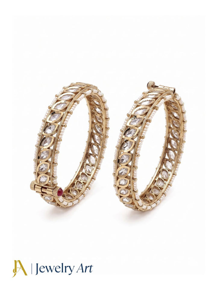 Gorgeous Set of 2 Gold plated Marquise shape Kundan Glass Polky Pearl Bangle/ Kada / Festive Bangles for women & Girls