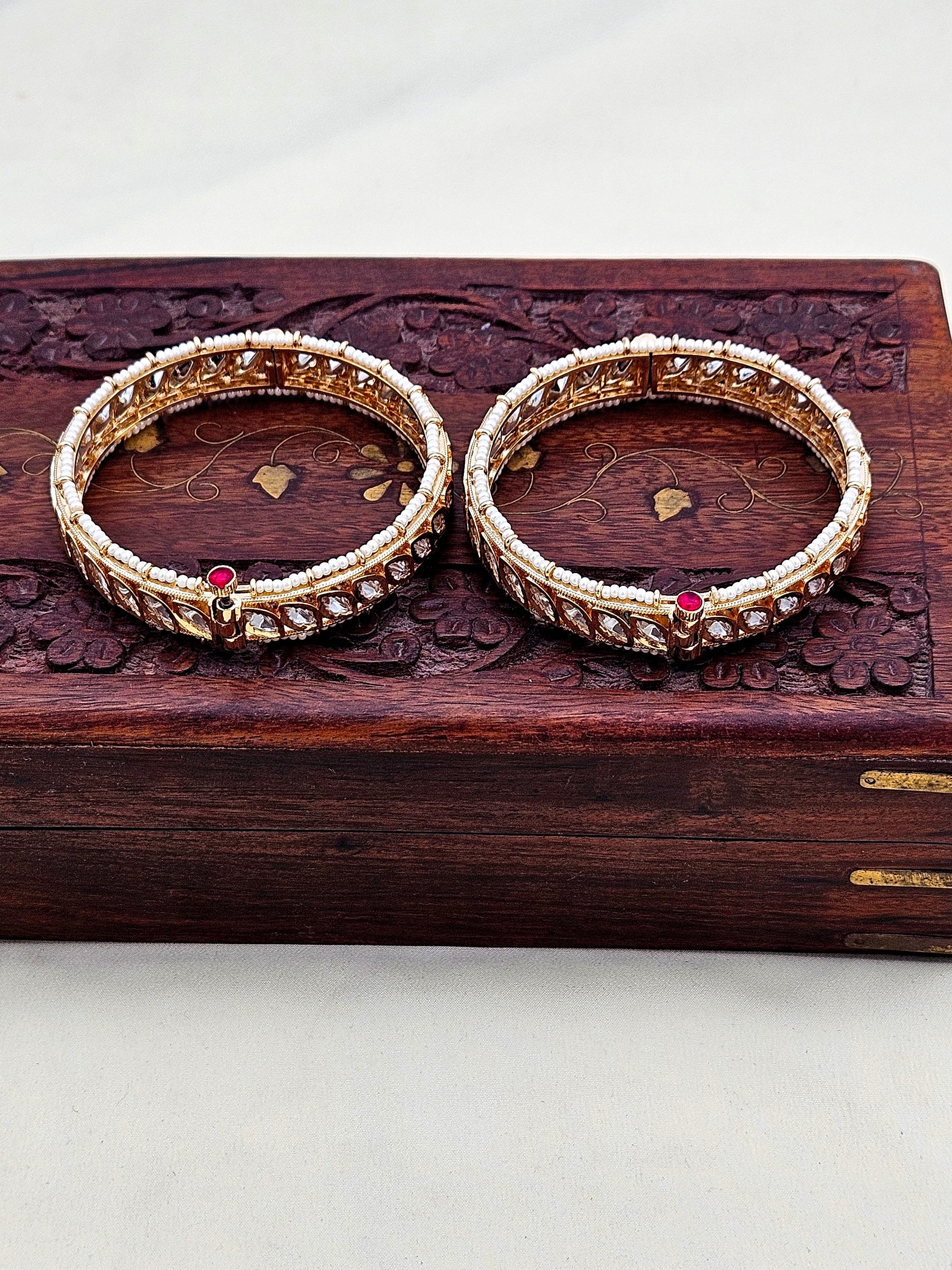 Gorgeous Set of 2 Gold plated Marquise shape Kundan Glass Polky Pearl Bangle/ Kada / Festive Bangles for women & Girls