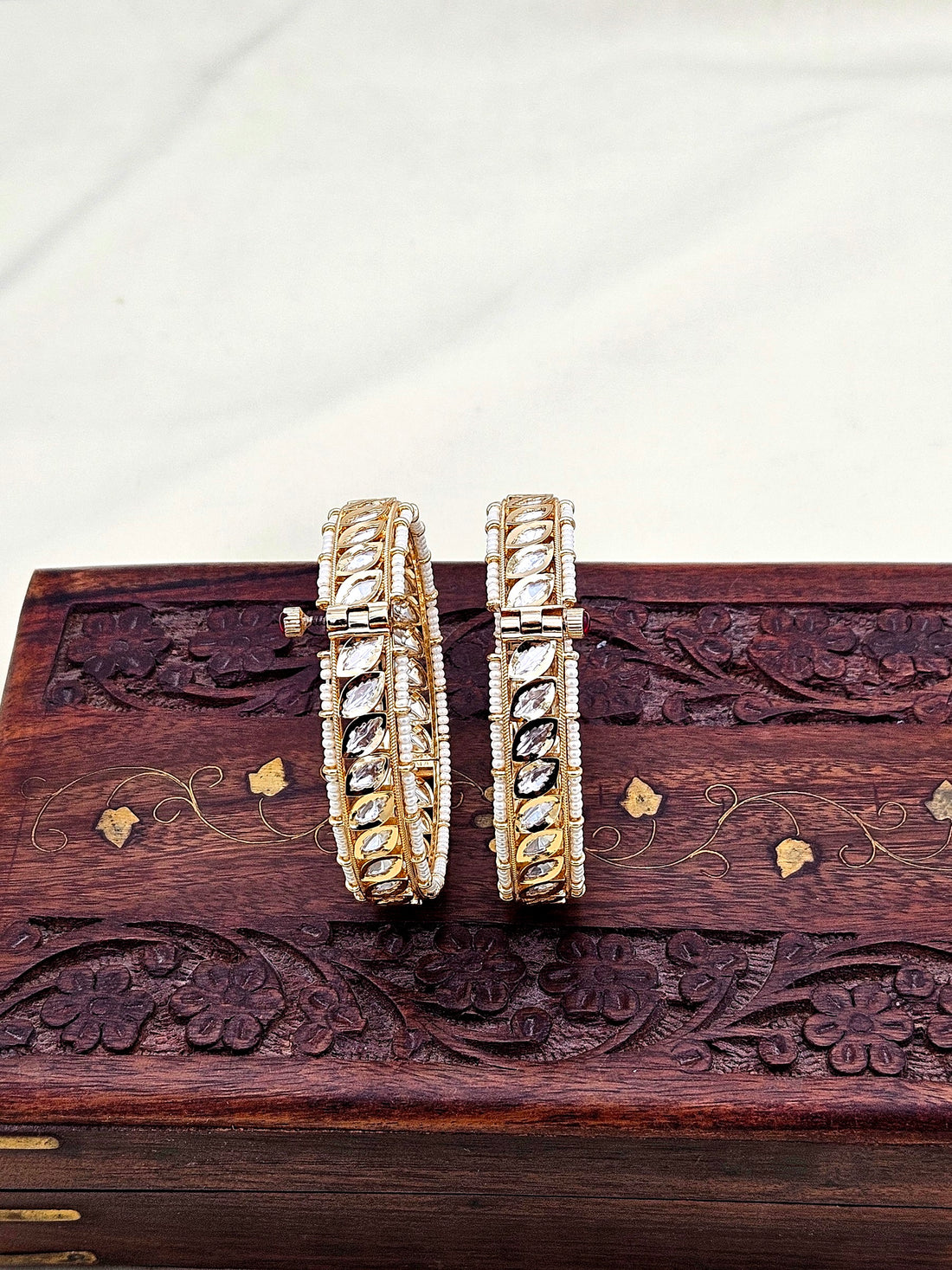 Gorgeous Set of 2 Gold plated Marquise shape Kundan Glass Polky Pearl Bangle/ Kada / Festive Bangles for women & Girls