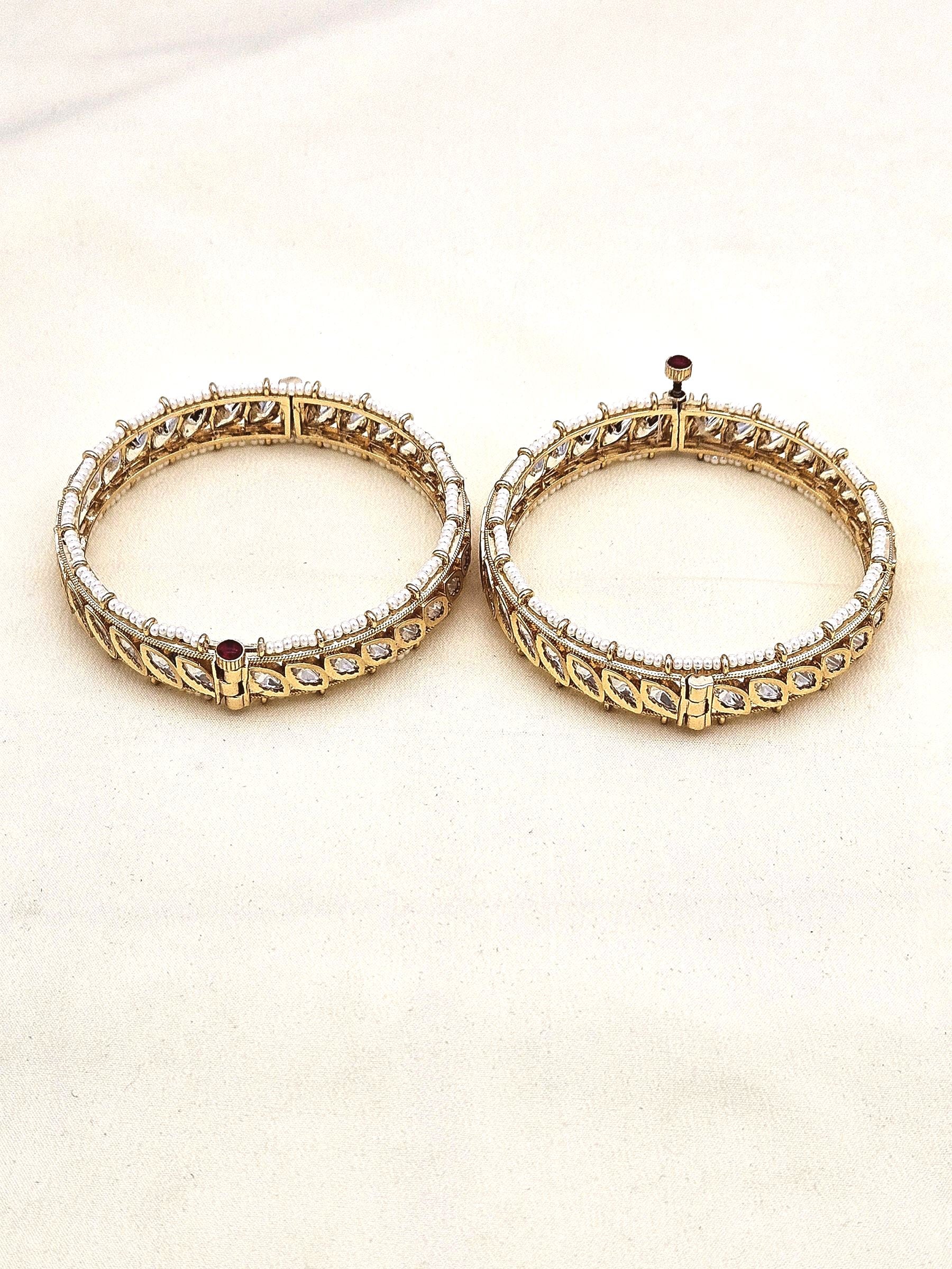 Gorgeous Set of 2 Gold plated Marquise shape Kundan Glass Polky Pearl Bangle/ Kada / Festive Bangles for women & Girls