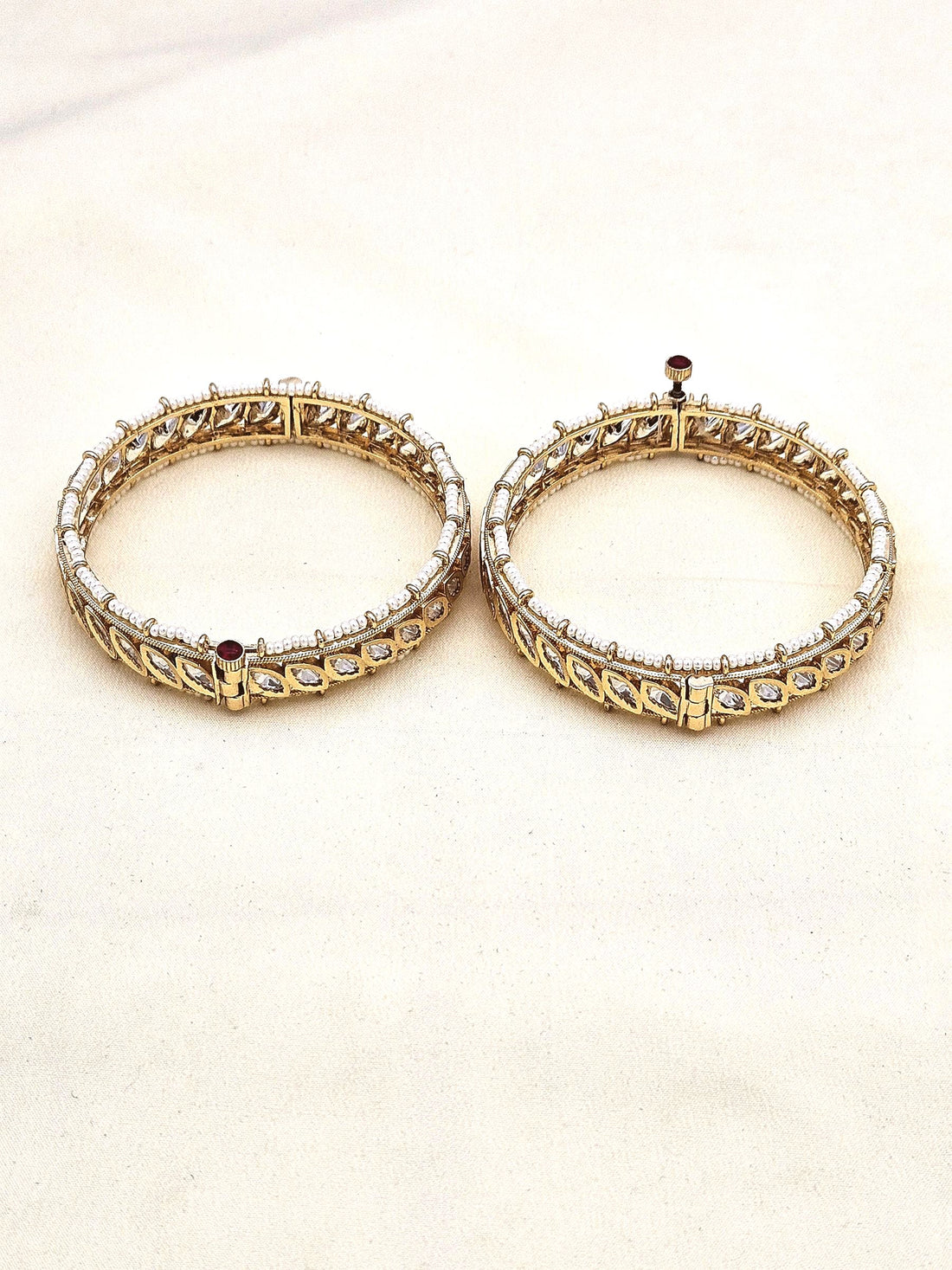 Gorgeous Set of 2 Gold plated Marquise shape Kundan Glass Polky Pearl Bangle/ Kada / Festive Bangles for women & Girls