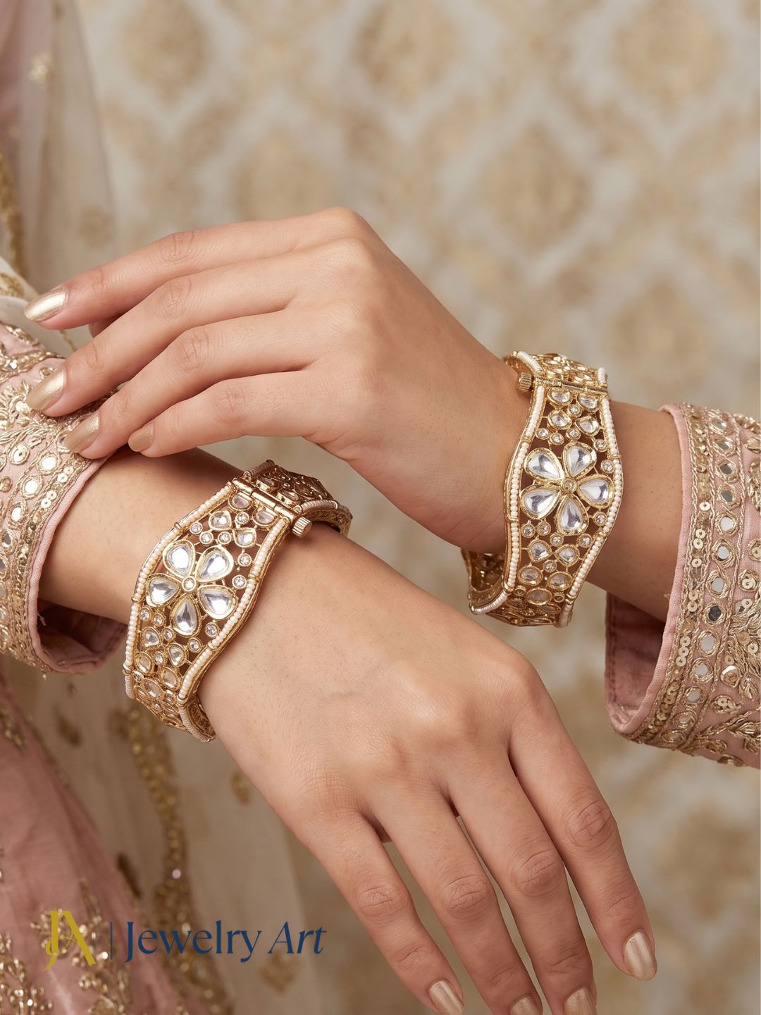 kundan glass polky pearl bangle set gold tone wide kada festive jewelry
