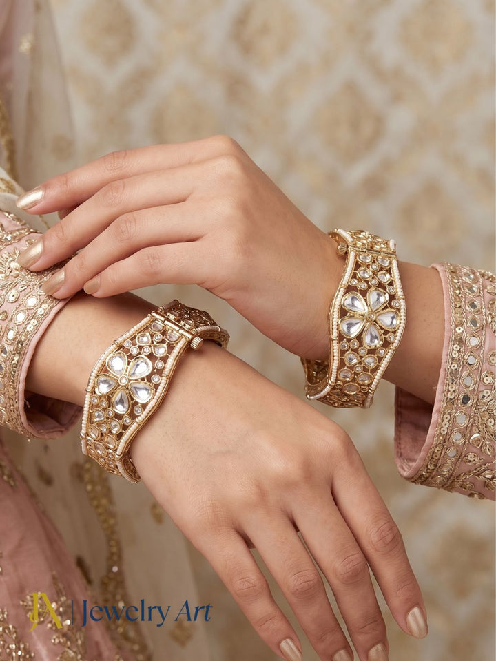 kundan glass polky pearl bangle set gold tone wide kada festive jewelry
