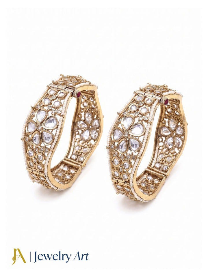Stunning Set of 2 Gold plated Kundan Glass Polky Pearl Broad Designer Bangle/ Kada / Festive Bangles for women & Girls