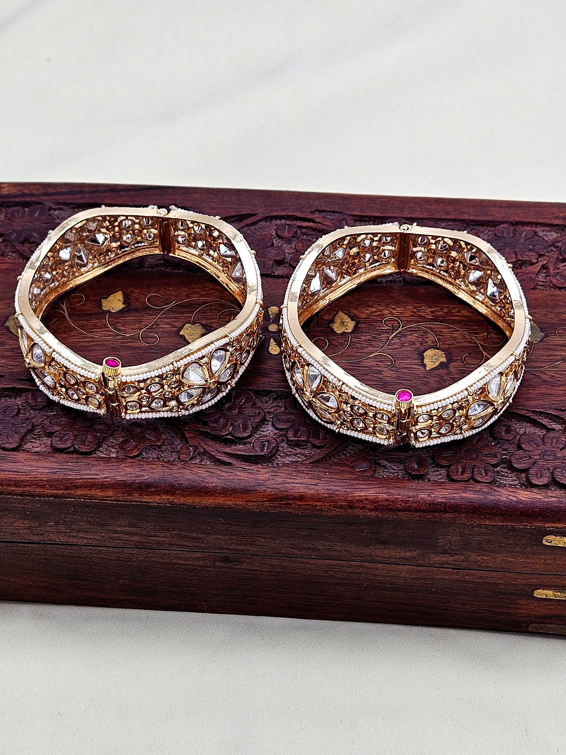 Stunning Set of 2 Gold plated Kundan Glass Polky Pearl Broad Designer Bangle/ Kada / Festive Bangles for women & Girls