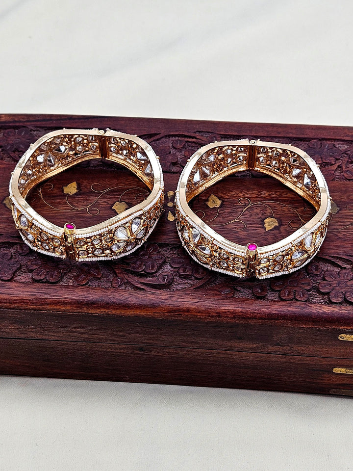 Stunning Set of 2 Gold plated Kundan Glass Polky Pearl Broad Designer Bangle/ Kada / Festive Bangles for women & Girls