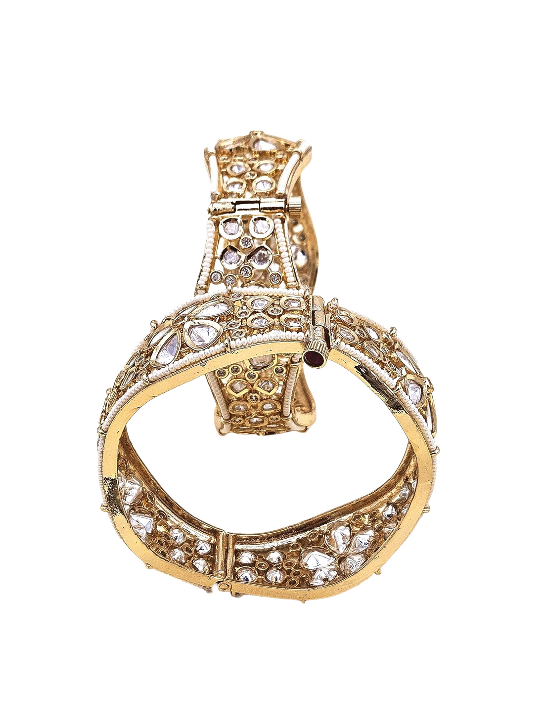 Stunning Set of 2 Gold plated Kundan Glass Polky Pearl Broad Designer Bangle/ Kada / Festive Bangles for women & Girls