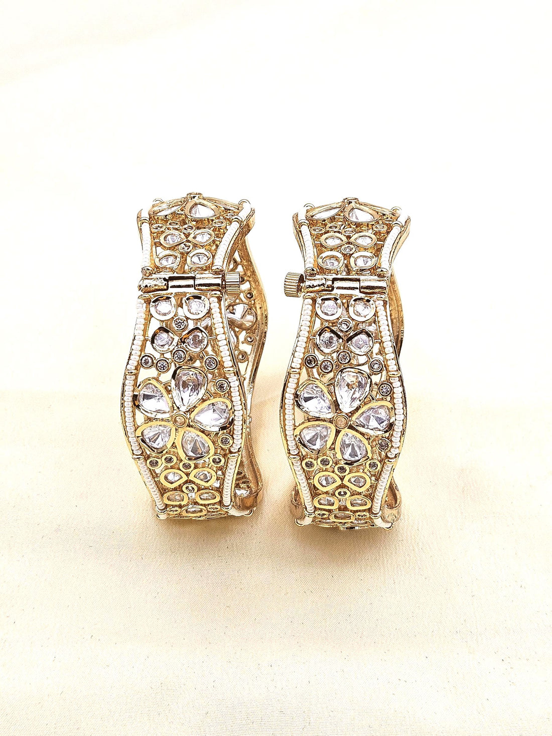 Stunning Set of 2 Gold plated Kundan Glass Polky Pearl Broad Designer Bangle/ Kada / Festive Bangles for women & Girls