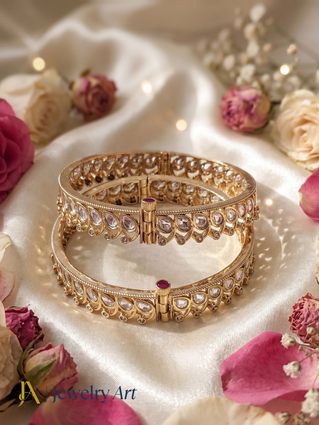 Beautiful Set of 2 Gold plated Kundan Glass Polky Designer Bangle/ Kada / Festive Bangles for women & Girls