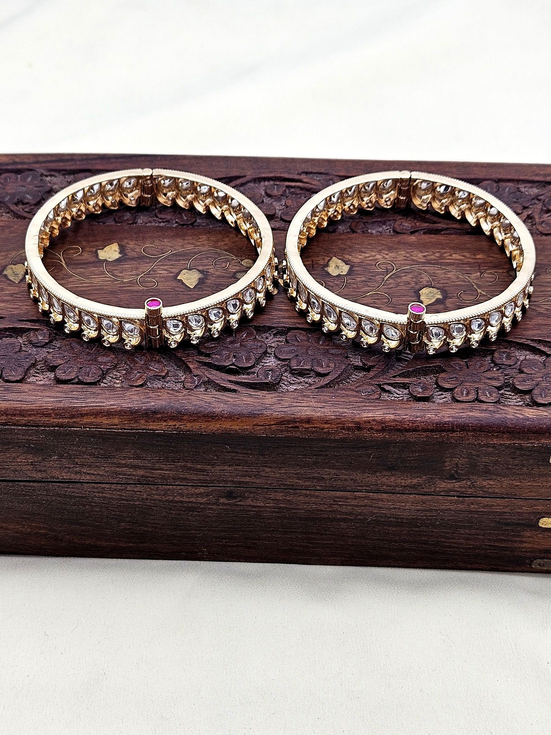 Beautiful Set of 2 Gold plated Kundan Glass Polky Designer Bangle/ Kada / Festive Bangles for women & Girls