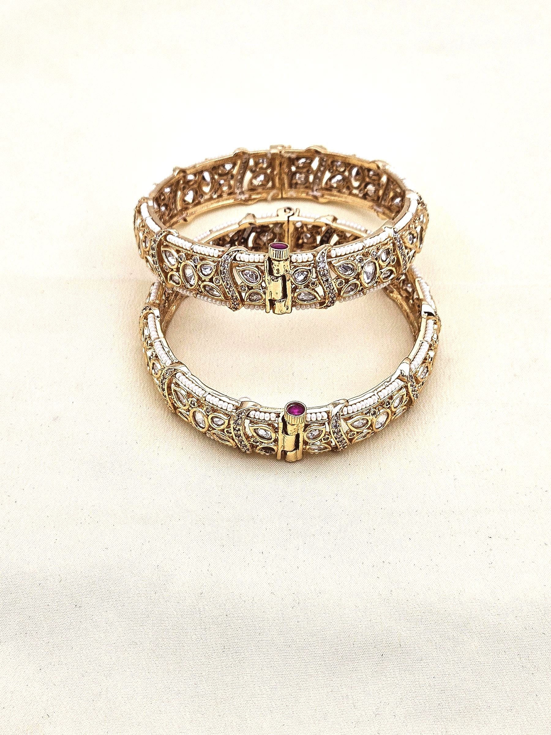 Delightful Set of 2 Gold plated AD-Faux Kundan Glass Polky Designer Bangle/ Kada / Festive Bangles for women & Girls