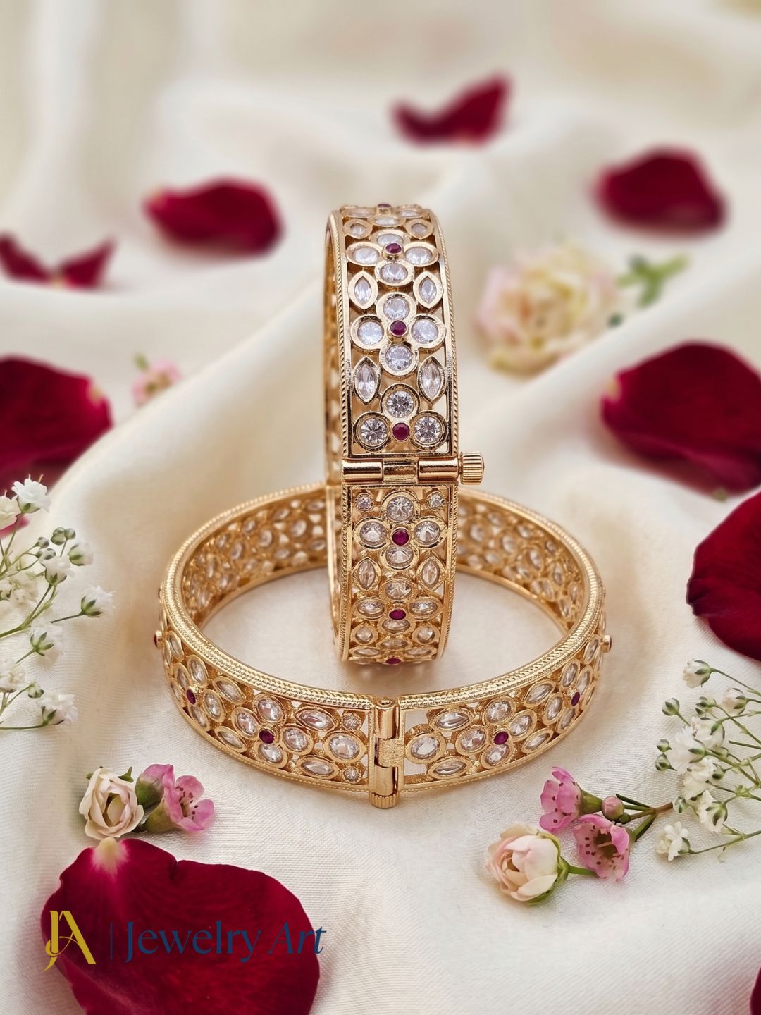 Charming Set of 2 Gold plated Red Hydro Quartz-Faux Kundan Glass Polky Designer Broad Bangle/ Kada / Festive Bangles for women & Girls