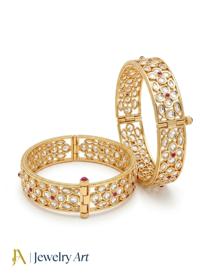 Charming Set of 2 Gold plated Red Hydro Quartz-Faux Kundan Glass Polky Designer Broad Bangle/ Kada / Festive Bangles for women & Girls
